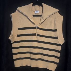 Madison Ribbed Knit Sleeveless Vest in Beige with Black Accent